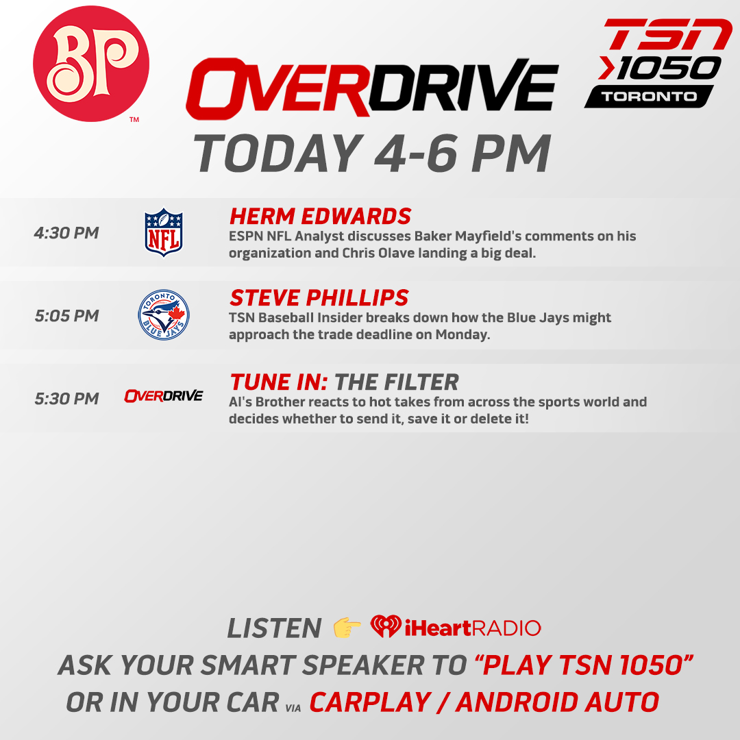 OverDrive1050's tweet photo. We're off and running on a Mail it in Friday! @bostonpizza 📭

@mickey_canuck  &amp; @dfeschuk are set to discuss the #BlueJays50 trade deadline plans and the biggest headlines around the sports world.       

📺: TSN4 &amp; 5  
📻: https://t.co/gtFAcDMR8M and the iHeartRadio App! https://t.co/8mjnfsJKs3