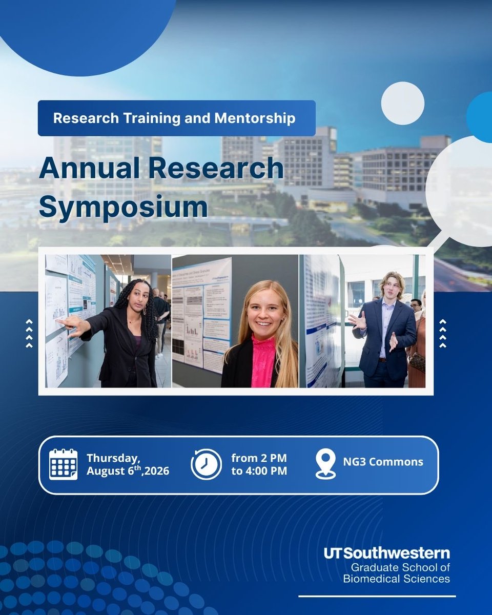 ADiaz_PhD's tweet photo. ‼️Celebrate the end of an inspiring summer of research with us on Aug. 6 at the @RTMatUTSW Annual Research Symposium! Our summer students are excited to share their research projects &amp; discoveries with the broader @UTSWMedCenter community. 

See the flyer below for details. ⬇️ https://t.co/Nykd6S0geC