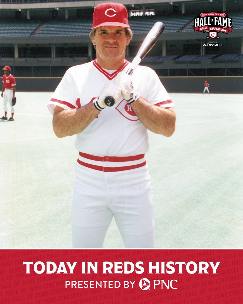 RedsMuseum's tweet photo. August 14, 1986: Pete Rose connected for his 4,256th and final career hit in a 2-0 Reds win over the Giants at Riverfront Stadium.

Today In Reds History is presented by @PNCBank https://t.co/KS87L5JLdh