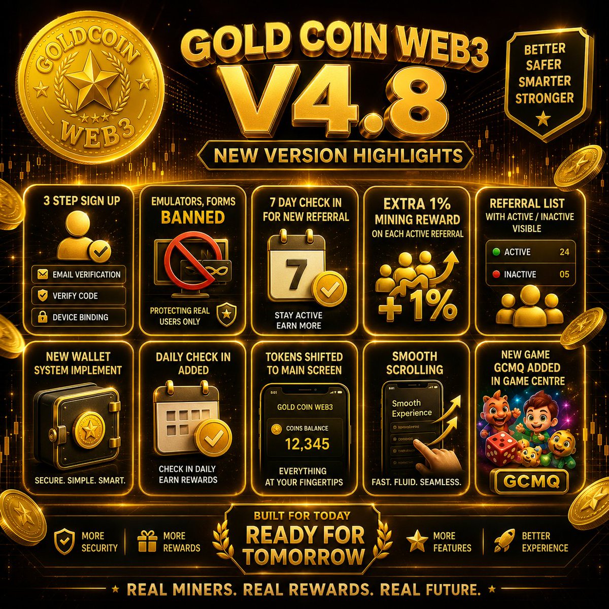 GOLD_COIN_WEB3's tweet photo. GOLD COIN Web3 v4.8 is packed with mega updates and powerful new features to make mining smoother and more rewarding. ✅
📅 Live from Monday via the in-app notification.
Update, explore the new features! 💰
#NewVersion #GDC #GoldCoinWeb3 #Crypto #Web3 #Mining #Blockchain https://t.co/OL0ibi1Nh3
