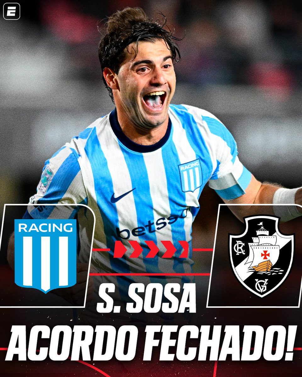 SportsCenterBR's tweet photo. REFORÇO NA COLINA! VASCO ACERTA CONTRATAÇÃO DE SOSA ATÉ 2029! 💢 ✅ 

O Vasco chegou a um acordo pela contratação do volante Santiago Sosa, do Racing, e encaminhou mais um reforço para a sequência da temporada. As partes acertaram os detalhes finais da negociação nesta sexta-feira, e o argentino assinará contrato válido até o fim de 2029.

Segundo apuração da ESPN, a negociação avançou nas últimas horas após Vasco e Racing resolverem a forma de pagamento da transferência. O clube carioca desembolsará entre US$ 7 milhões e US$ 8 milhões (cerca de R$ 39 milhões a R$ 45 milhões, na cotação atual) para contar com o jogador.

#FutebolNaESPN #Vasco #SantiagoSosa #Racing