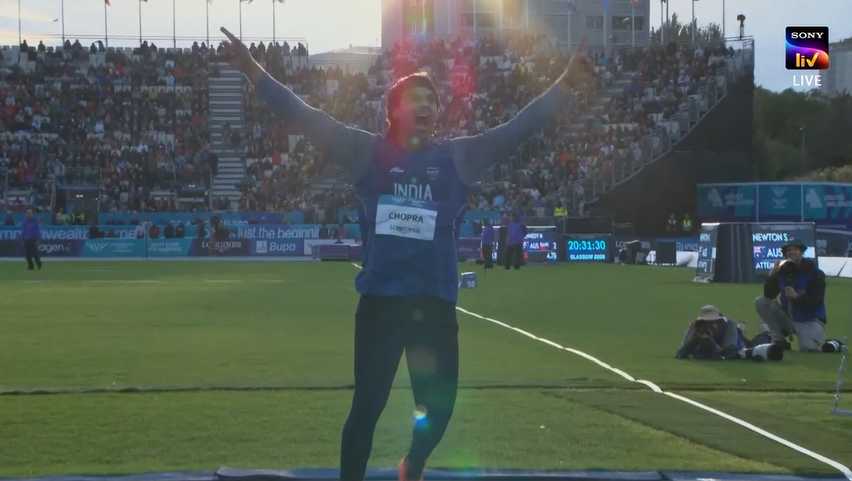 nnis_sports's tweet photo. Neeraj Chopra is into the lead with a massive 85.83m throw in the second round of the Men's Javelin Final!
And finally... the no-look throw celebration is back!
#IndianAthletics #CWG2026 #NNISSports #AthleticsIndia #Javelin #Neerajchopra https://t.co/ifyQ9IK9fr
