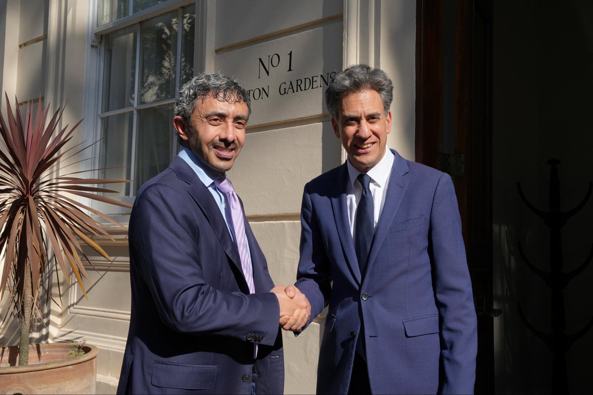 Ed_Miliband's tweet photo. Meeting @ABZayed today, we discussed reducing tensions in the Middle East and protecting freedom of navigation in the Strait of Hormuz.

We will take the UK-UAE partnership even further, to drive growth and prosperity in both our countries. https://t.co/FwSSx08wNM