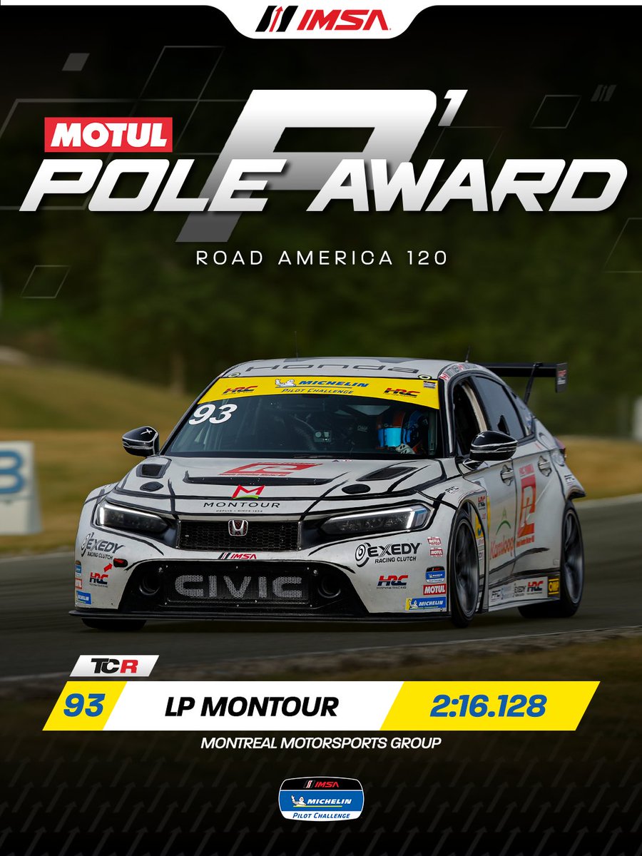 IMSA's tweet photo. Congratulations to the Motul Pole Award Winners for the 2026 Road America 120 Michelin Pilot Challenge Race! 

@roadamerica | @MichelinRaceUSA | @MotulUSA https://t.co/a3OI64c0d0