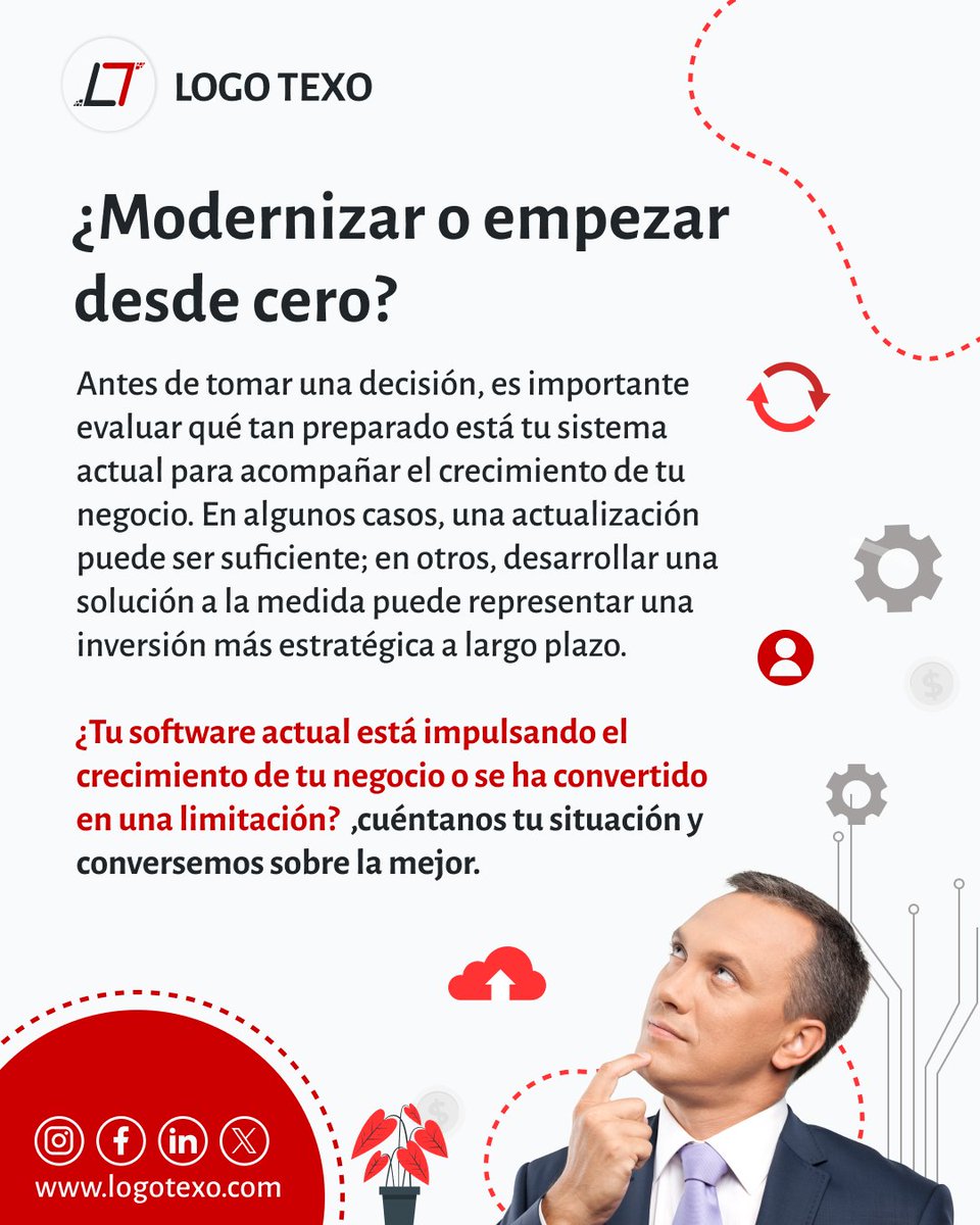 LogoTexo's tweet photo. Tu software actual presenta fallas, limita el crecimiento de tu empresa o ya no responde a las necesidades del negocio. ¿Qué harías?

💻 Actualizarlo o Desarrollar una solución completamente nueva y adaptada a tus procesos.
Te leemos en los comentarios.

#SoftwareEmpresarial https://t.co/CEUkUBFibK