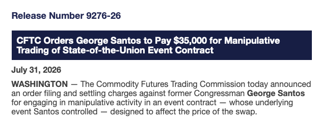 robertjdenault's tweet photo. Kalshi caught George Santos. Now he’s paying an expensive price.

Pro tip for catching fraudsters: it’s often the usual suspects. https://t.co/Ulcf7MONGr