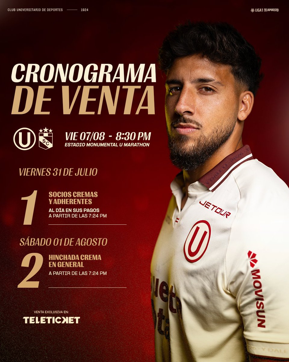 Universitario's tweet photo. 𝗝Ⓤ𝗡𝗧𝗢𝗦 𝗘𝗡 𝗖𝗔𝗗𝗔 𝗣𝗔𝗦𝗢 💛

Adquiere desde hoy en @teleticketperu tus entradas para el partido ante Sporting Cristal por la fecha 4 del Clausura 2026.

#UnidosOtraVez
#UnaHistoriaDeGrandeza https://t.co/SPCEnUNobk