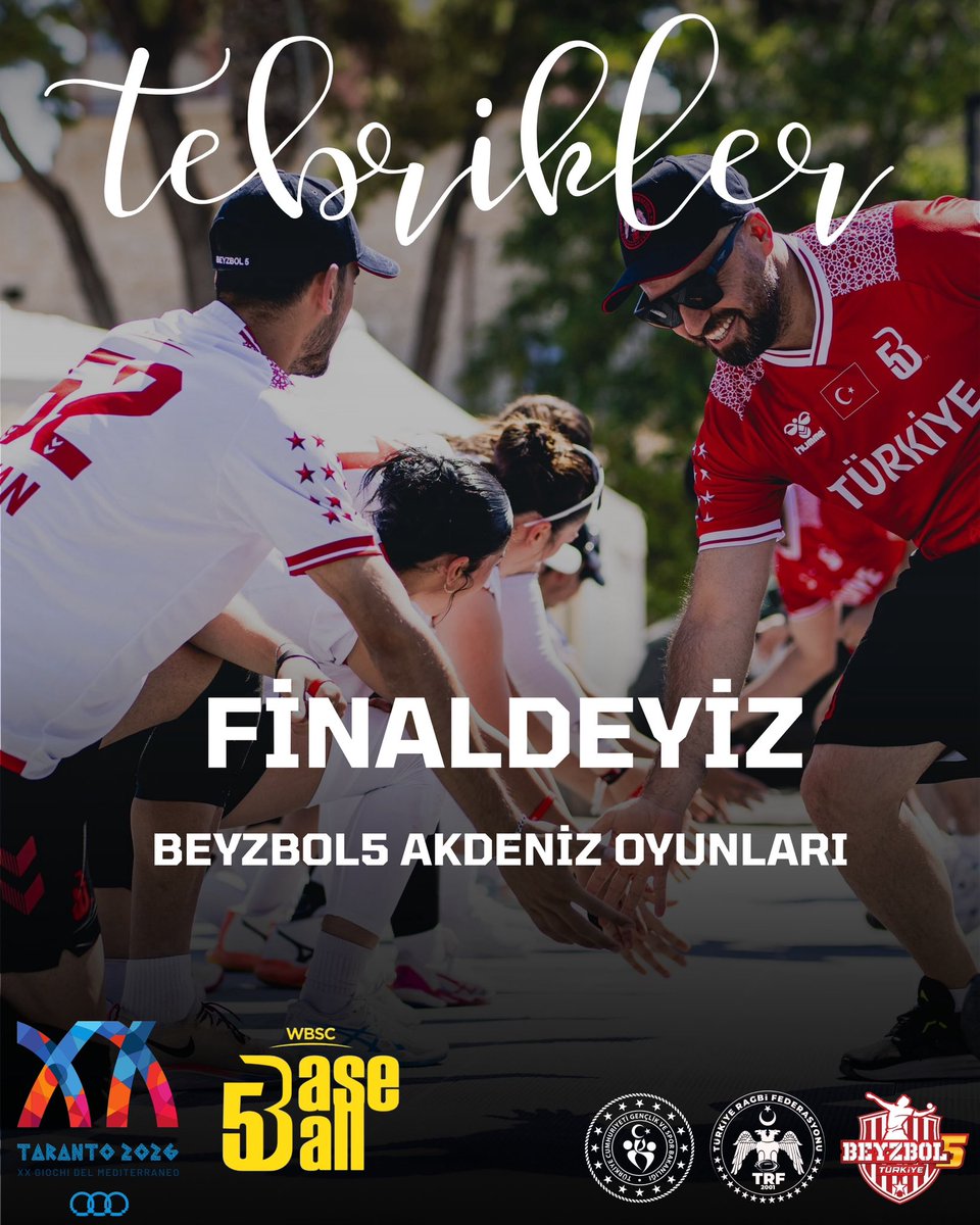 TRagbiFed's tweet photo. Finaldeyiz!

Beyzbol5 Milli Takımımız, Akdeniz Oyunları yarı finalinde İspanya’yı 2-1 mağlup ederek adını finale yazdırdı!

Şimdi hedef şampiyonluk!

#Baseball5 #Beyzbol5 #AkdenizOyunları #MediterraneanGames #TeamTürkiye #Taranto2026

@OA_BAK @hamzayerlikaya @gencliksporbak https://t.co/vjSCcPAfhf