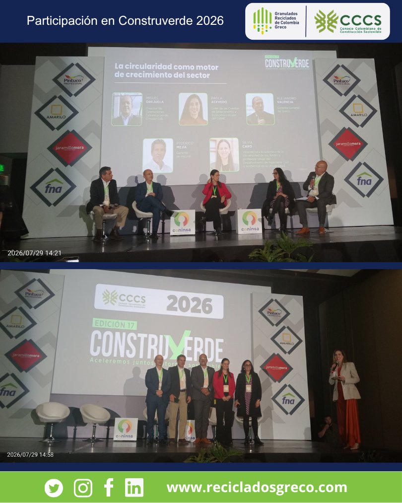 GrecoSocios's tweet photo. Nuestro Gte. Gral., Alejandro Valencia, participó en el panel “La circularidad como motor de crecimiento del sector” en #construverde2026 , compartiendo la visión de @RecicladosGRECO sobre cómo el aprovechamiento de RCD puede transformar la manera en que construimos en Colombia. https://t.co/OFw9czgY0B