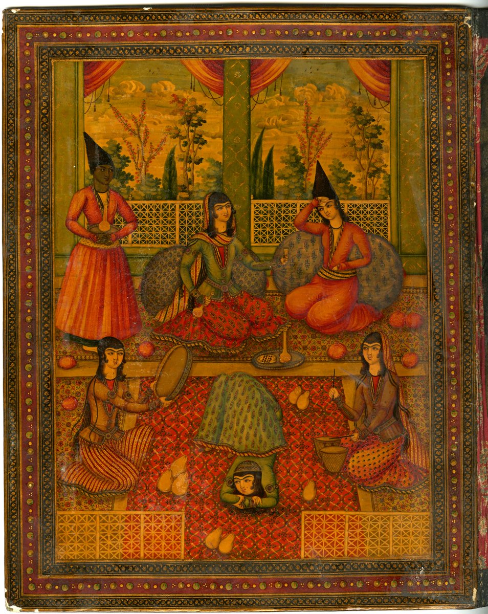 eunuchboys's tweet photo. Book cover with painted illustrations of harem scenes on both sides, lacquered on papier mâché.

Qajar Iran, early 19th Century https://t.co/SUmv4DvqRx
