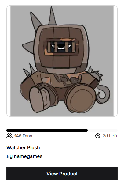 zenfakee's tweet photo. hey guys we have just under 3 days left to hit our pledge goal! we need about 54 pledges to make the watcher plush real, so if you have the money to please pledge! if you cant please just spread the word! pledge here: https://t.co/ktD0JMlygY https://t.co/BnJr5LH0Wy