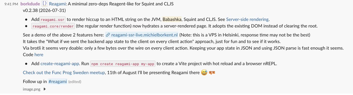 borkdude's tweet photo. New reagami version that features Server Side Rendering
https://t.co/CwQBSh2twI
#clojure #clojurescript #squintcljs #reagami https://t.co/MEbQYBfvof