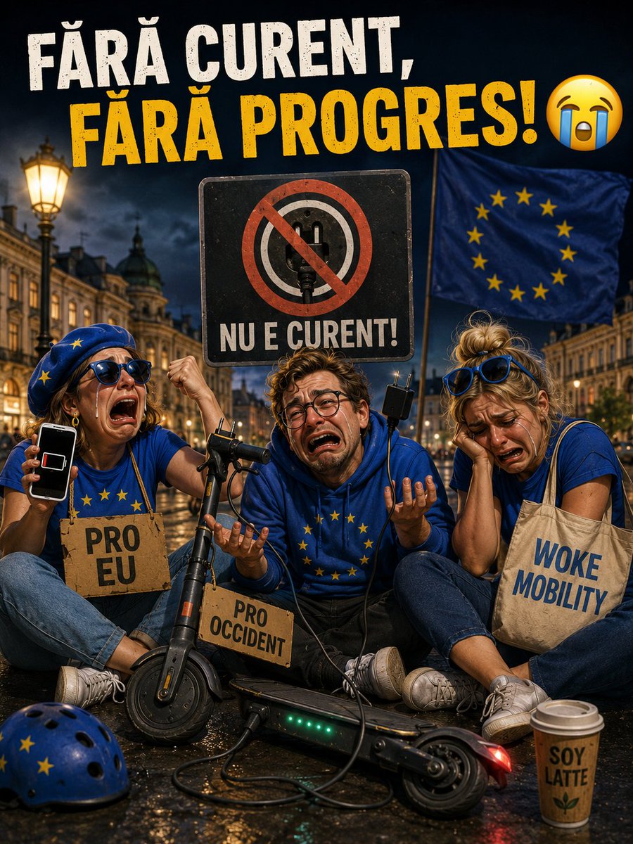 bobbydtiktok's tweet photo. Băi, tragedie națională! Stare de urgență pe energie! 😭

Cum își mai încarcă acum trotinetele electrice? Cum mai salvează planeta dacă bateria e la 1%? Cine mai ajunge la protest fără autonomie de 40 km? 🤣

Se pare că, fără priză, revoluția se amână până revine tensiunea în rețea.