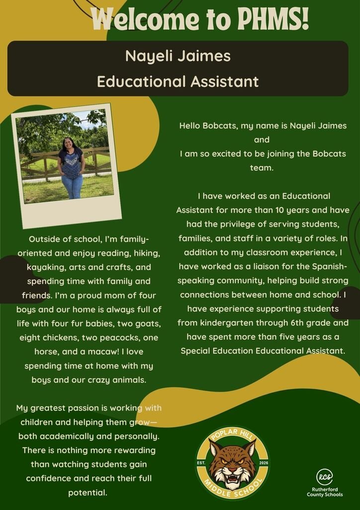 PHMS_Bobcats's tweet photo. Welcome Mrs. Nayeli Jaimes to PHMS! Mrs. Jaimes joins the Bobcat family as an Educational Assistant, bringing more than 10 years of experience supporting students and families. Her passion for helping children grow and succeed makes her a wonderful addition to our school! https://t.co/nvVNtqhuTb