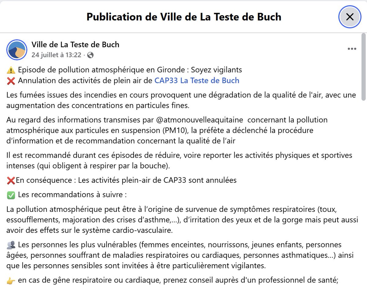 drimeur51's tweet photo. 2/3 La Ville de La Teste-de-Buch confirme une dégradation de l’air liée aux fumées et particules fines. Les activités de plein air sont annulées.

Femmes enceintes, jeunes enfants et malades respiratoires sont considérés comme vulnérables. Notre groupe est concerné. https://t.co/U4unyCDK2u