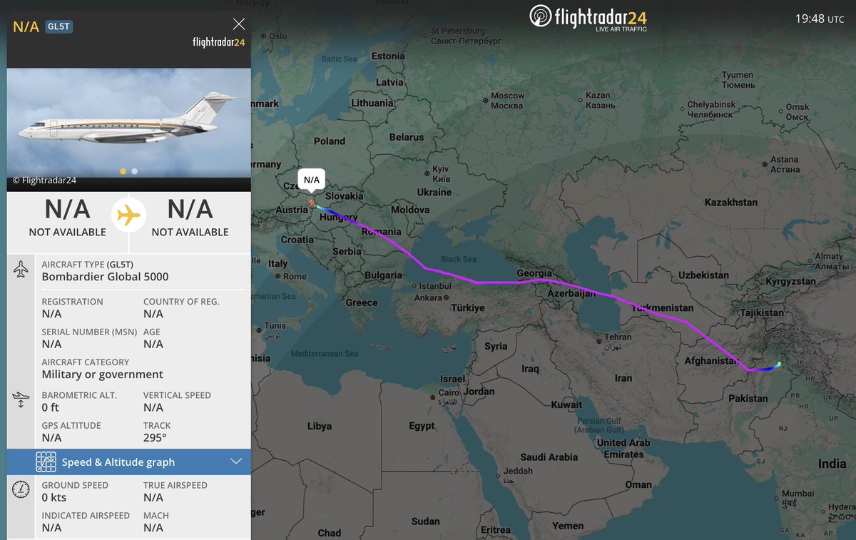 ahmedrghazi's tweet photo. Callsign #PA9834 was last used when Pakistan's delegation visited Switzerland for Iran-US talks.

Government of #Pakistan's #BombardierGlobal5000 flew a direct route from the Islamabad area—almost certainly PAF Base Nur Khan—straight to Vienna International Airport today https://t.co/1zeY96O2ZR