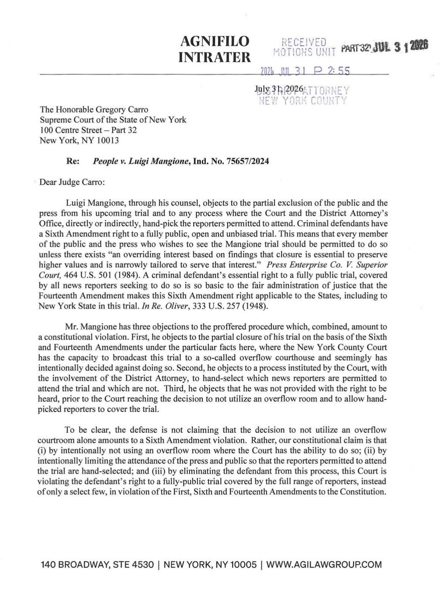 Fairtrial4Luigi's tweet photo. State update 🚨 : LM is objecting to the lack of an overflow room at  his upcoming state trial.

His team is demanding a hearing to determine how journalists are given access. https://t.co/GW4VY9qxlU
