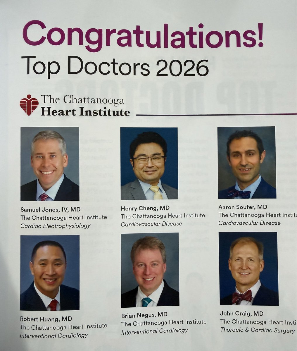 Chattheart's tweet photo. Congratulations to our Chattanooga Heart Institute physicians recognized as Top Doctors of 2026! 

Thank you for your dedication to exceptional heart care and for making a difference in the lives of our patients every day. We are proud to celebrate your well-deserved recognition! https://t.co/XNsfF2i9bB