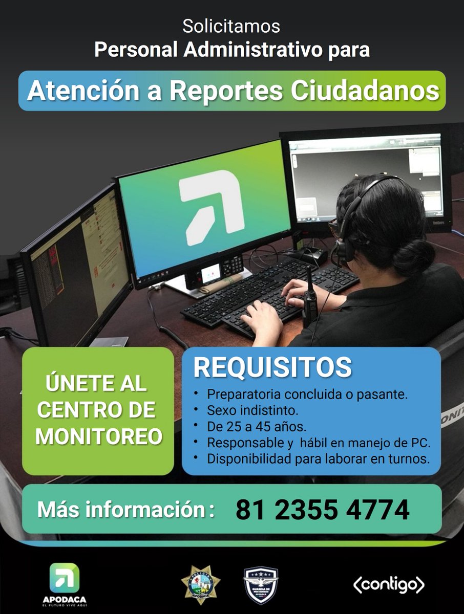 SSP_Apodaca's tweet photo. Solicitamos personal administrativo para el área de Atención de Reportes Ciudadanos. Manda mensaje de Whatsapp para mayor información. #ServirYProteger https://t.co/7WjTtxhwCX