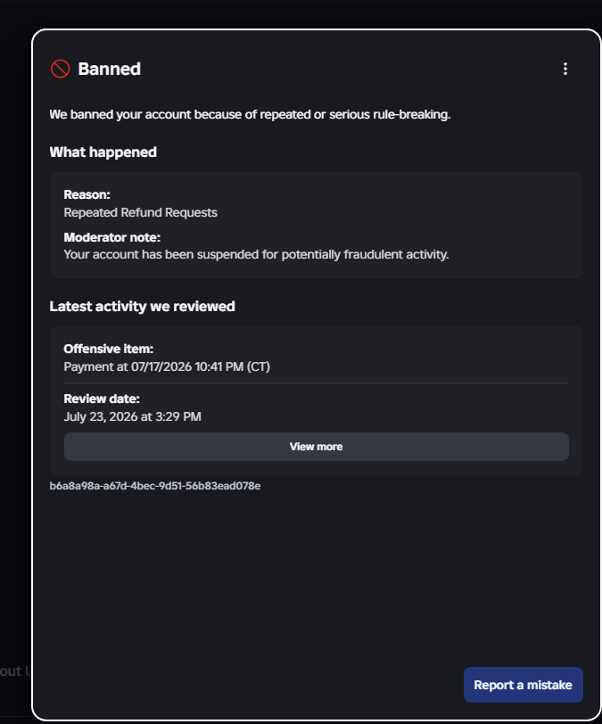 NotBunzbee's tweet photo. Hello ive been on Roblox for nearly 10 years and ive spent thousands of dollars on the game. Recently my account was compromised and they spent nearly 100 dollars on Robux and then transferred it to different accounts. The first thing i did when i saw this was call roblox's support phone number. That phone number then sent me to there support form which sent me to there AI Support bot. The support bot told me i should go through my bank inorder to get this issue fixed. I originally received an appeal but a few days later they revoked it without notice nor warning. Im practically begging them to just give me a fair chance to fix things. Its incredibly frustrating. Past all of the money and time i spent i grew up on roblox with my friends and family and my account is a very precious treasure to me.

My appeal was revoked without warning for something that wasnt even my fault. Frankly im terrified of loosing my account. Ive been a loyal Roblox user for years and i play nearly everyday. I don't know what to do and i just need someone to help me understand this is a huge misunderstanding. I'll pay the money back if thats what i need to do. If anyone can put me in contact with someone to fix this or has some advice to give me please tell me.

Id like to note that my ban appeal was on July 20th. My accounts banned for one of the many transactions that happened on the 17th. 

Seriously im really scared of loosing my account if ANYONE can help me out or get me in contact with a moderator please let me know.