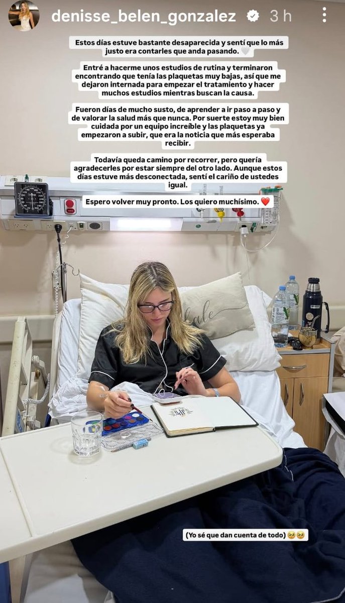 mdzol's tweet photo. Denisse González informó que está internada: "Tenía las plaquetas muy bajas así que me dejaron internada para empezar el tratamiento y hacer muchos estudios mientras buscan la causa. Pasaron días de mucho susto, de aprender y de valorar la salud más que nunca". https://t.co/JDgrLxFkl4