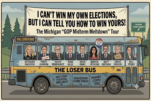 GL_Sentinel's tweet photo. @PJQualityGuru Aww, somebody’s jealous! The winners will be celebrating at John James’s victory party—while Perry Johnson and his loser crew cry all the way home on the Loser Bus. https://t.co/cKcnspGyvp