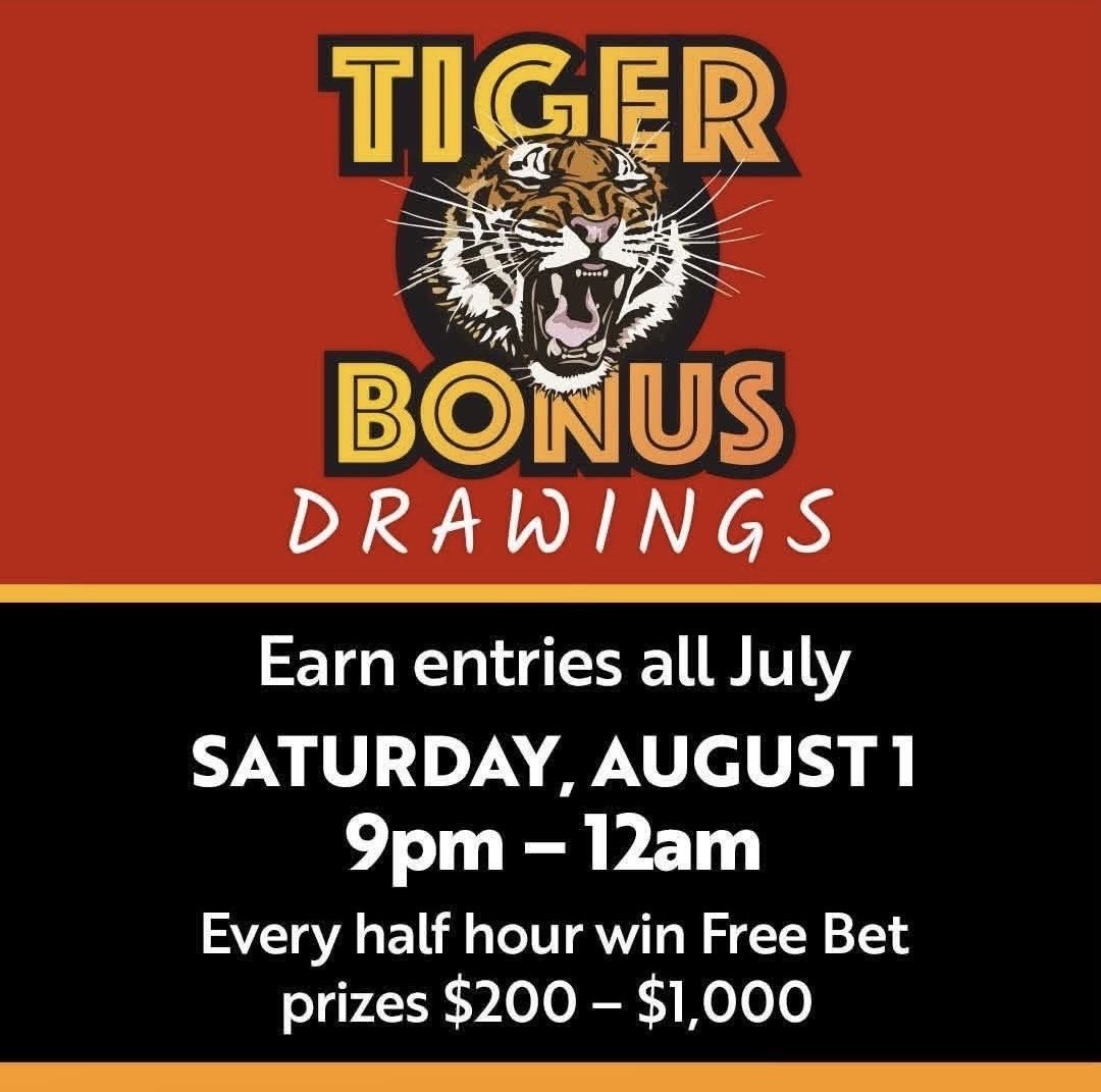 delawarepark's tweet photo. 🐅 The Tiger Bonus Drawings are TOMORROW! 🔥🐯💰 Continue earning entries for your chance to win Free Bet prizes!

🎉 Drawings: Saturday, August 1
🕘 9PM–12AM
💰 Every half hour, winners will receive Free Bet prizes from $200–$1,000! https://t.co/k4dxE8NB6H