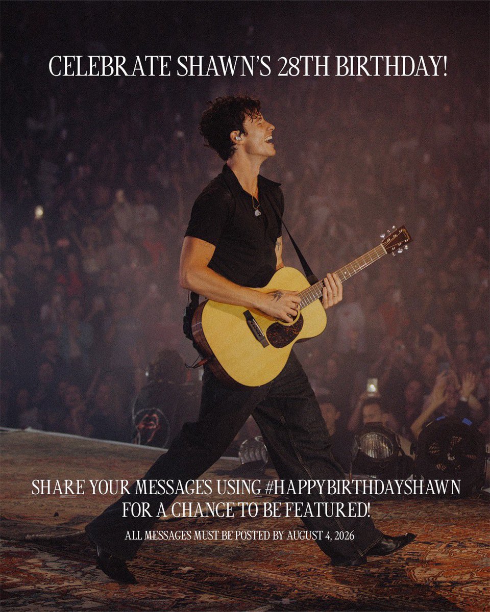 ShawnMendesBRA's tweet photo. CELEBRE OS 28 ANOS DO SHAWN 🤍

Compartilhe sua mensagem para o Shawn Mendes usando a hashtag #HappyBirthdayShawn para ter a chance de ser incluído em algo especial do @ShawnAccess 👀

*Todas as mensagens devem ser publicadas até 4 de agosto de 2026. https://t.co/ZLogbV4SbY