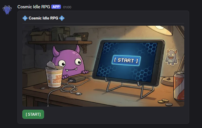 CosmicGamesLab's tweet photo. Cosmic Idle RPG PreSeason demo is LIVE in Discord.

A Discord-first idle RPG: explore the map, gather resources, craft, upgrade your base, and build your crew.

Hit [ START], open the menu, and jump in.

Gather, Build, Heroify, Repeat.

Play free → https://t.co/mm7VEaAHOu