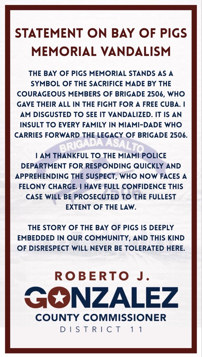 RobJGonzalezFL's tweet photo. Statement on Bay of Pigs Memorial Vandalism. @MiamiPD https://t.co/bdhrpLlqEm
