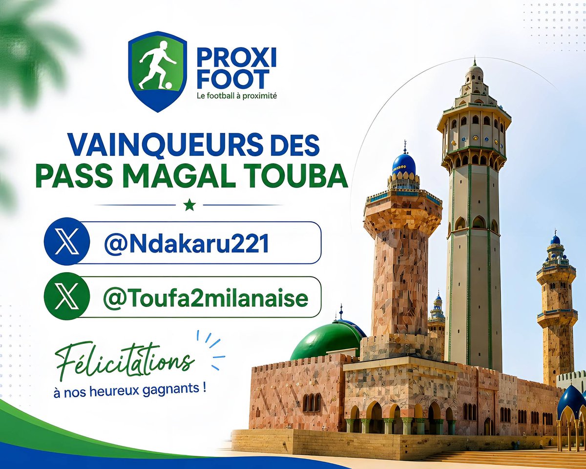 ProxiFoot's tweet photo. Félicitations à nos heureux gagnants des PASS MAGAL TOUBA :

@Ndakaru221
@Toufa2milanaise

Merci de nous envoyer un message privé pour récupérer vos PASS.

Félicitations ! 💙💚 https://t.co/aVcEIZSXxk