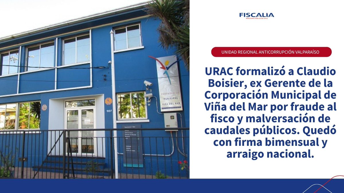 FRValparaiso's tweet photo. 📢Unidad Regional Anticorrupción #URAC @FRValparaiso formalizó esta jornada a ex Gerente de la Corporación Municipal de Viña. Se acreditaron unos 17 millones de pesos en malversación de caudales públicos y 50 millones en fraude al fisco por indemnización que superaba el límite. https://t.co/NmYVabV3ec