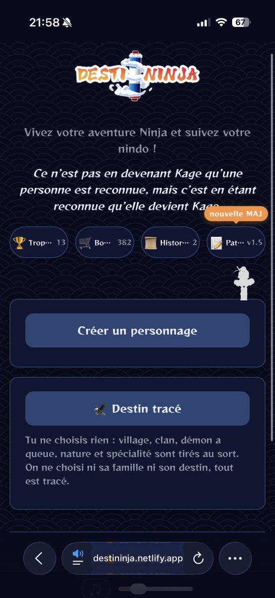 jessimdev's tweet photo. Mmmmmdr Nouvelle MAJ ! (Encore)

- Nouveau mode de jeu "Destin tracé"

On t'impose un ninja et tu dois aller jusqu'au bout avec 🔥

(Merci @sweyzzoux pour l'inspi)

https://t.co/ZYLroTDcU1 https://t.co/oyPMyJreGj