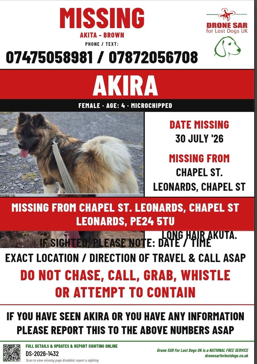 MissingPetsGB's tweet photo. 🐕 #Skegness #Lincolnshire #PE24
 
#Urgent #elderly AKIRA #Akita #MISSING 
Last seen in Ingoldmells 
30 July 2026 around 2pm

Akira is microchipped. Do not chase if seen 🙏
https://t.co/nTMGxzMcVk https://t.co/2xEJHIOAUi