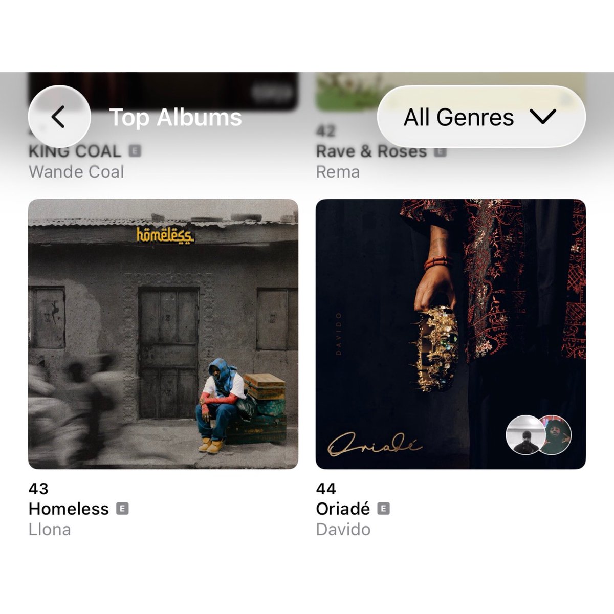 AlbumTalksHQ's tweet photo. 🚨JUST IN: Davido’s “Oriadé” appears to have suffered another Apple Music glitch with the album moving to #44 on the Albums chart. 

— It peaked at #1. https://t.co/xgZXW8oEQU