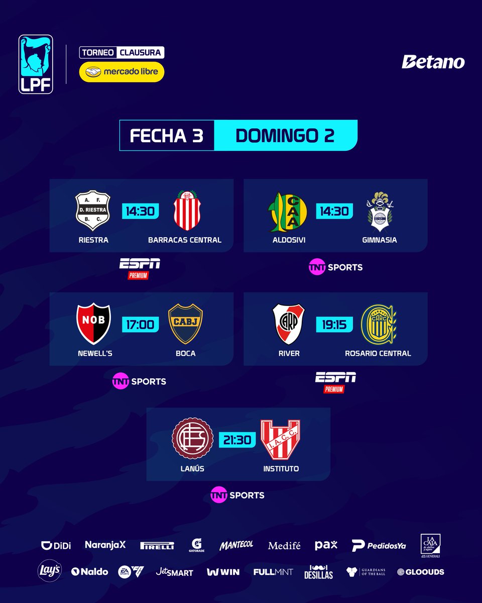 LigaAFA's tweet photo. #TorneoMercadoLibre Clausura 2026 🏆

⚽️ @prensariestra 🆚 @barracascentral 
📺 @ESPNArgentina 

⚽️ @clubaldosivi 🆚 @gimnasiaoficial 
📺 @TNTSportsAR 

⚽️ @Newells 🆚 @BocaJrsOficial 
📺 @TNTSportsAR 

⚽️ @RiverPlate 🆚 @RosarioCentral 
📺 @ESPNArgentina 
 
⚽️ @clublanus 🆚 @InstitutoACC 
📺 @TNTSportsAR 

Suscribite al Pack Fútbol: https://t.co/fUK0g3fx6r