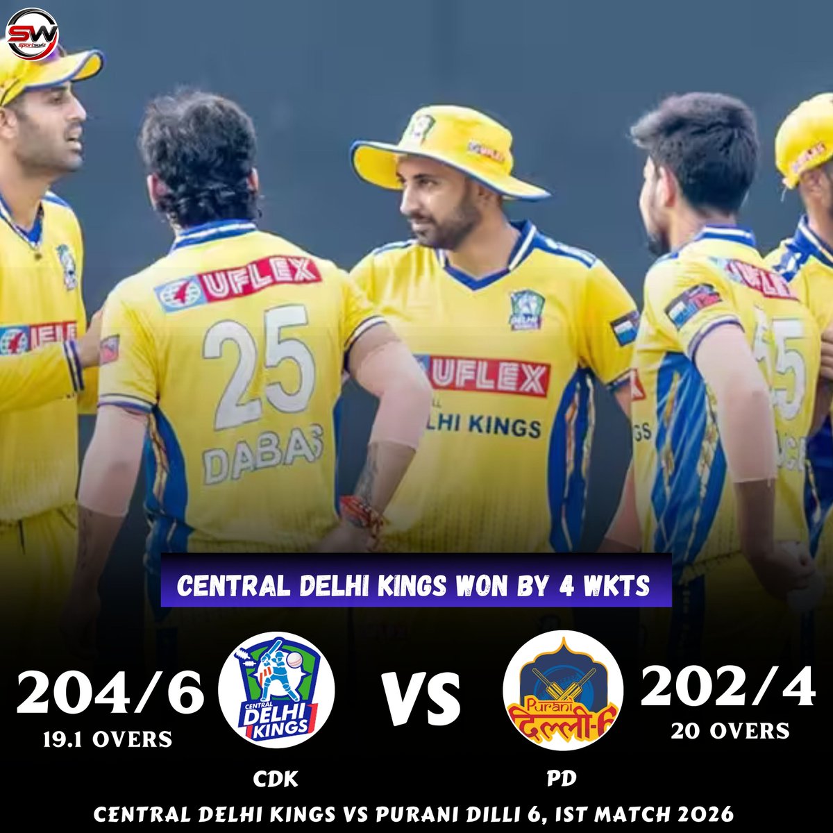 mysportswiz's tweet photo. Match Result | Delhi Premier League 2026
Central Delhi Kings win by 4 wickets!
Central Delhi Kings 🆚 Purani Dilli 6 1st Match, DPL 2026
https://t.co/7Wm3X0Tlrs
#Ashwin #Bhuvi #Dube #SriLanka #BenStokes #CWG2026 #CWC27 #Cricket #TejaswinShankar #Dhoni #Rahane #TeamIndia https://t.co/quSBgCMOiI