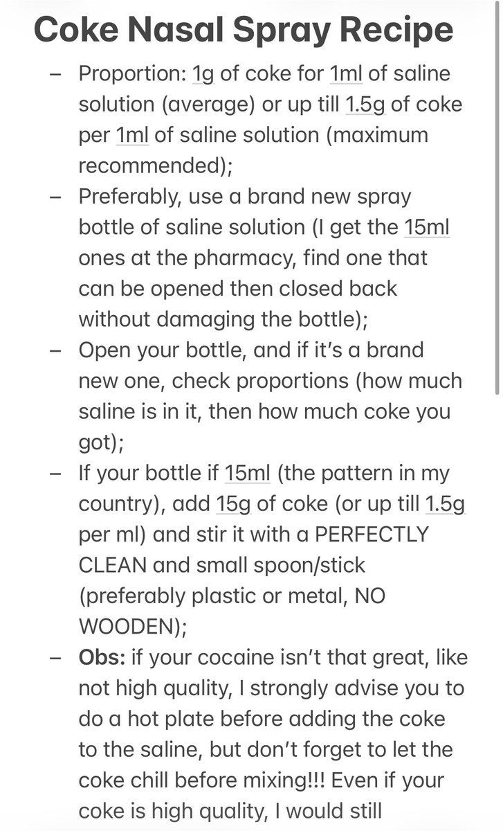 grayishworld's tweet photo. To my fellow coke heads ❄️

Here, I got the recipe for a cocaine nasal spray. If you’ve never heard about it, it’s a form of both harm reduction and a discreet and pratical way to do coke, since the saline makes the coke cause less damage to your nose 

1/2 https://t.co/J75vVNpmwg