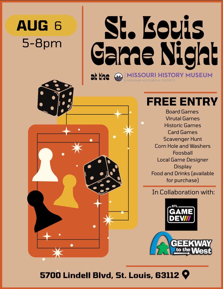 stlgamedev's tweet photo. Reminder that this upcoming Thursday from 5-8PM is St. Louis Game Night at the Missouri History Museum! It will feature plenty of board and video games made right here in St. Louis, not to mention a museum-wide scavenger hunt mobile game! 
#stlouis #saintlouis #game #gamer https://t.co/WXQGnuanRT