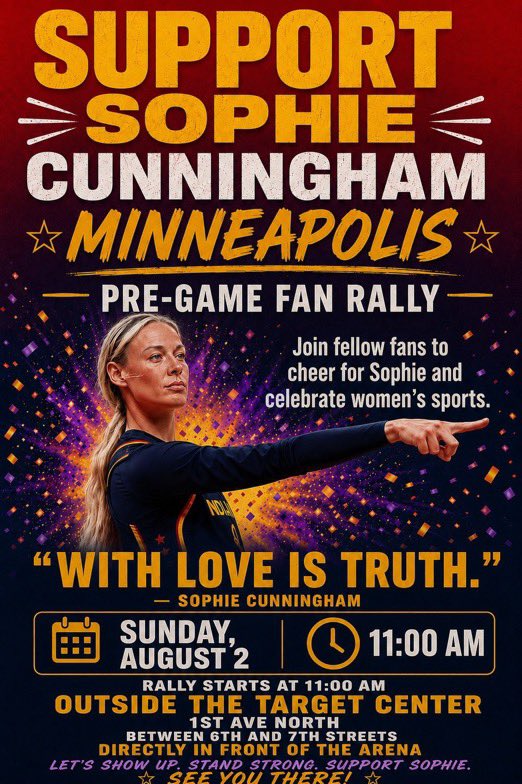 GrageDustin's tweet photo. 🚨 MINNESOTA: Join us for a pregame rally in Minneapolis to support Sophie Cunningham for standing up for girls’ sports.

- Free merch
- Ticket drawings
- A special surprise guest

Let’s show these athletes they aren’t alone when they stand up for our daughters’ right to fair competition and protected spaces.
