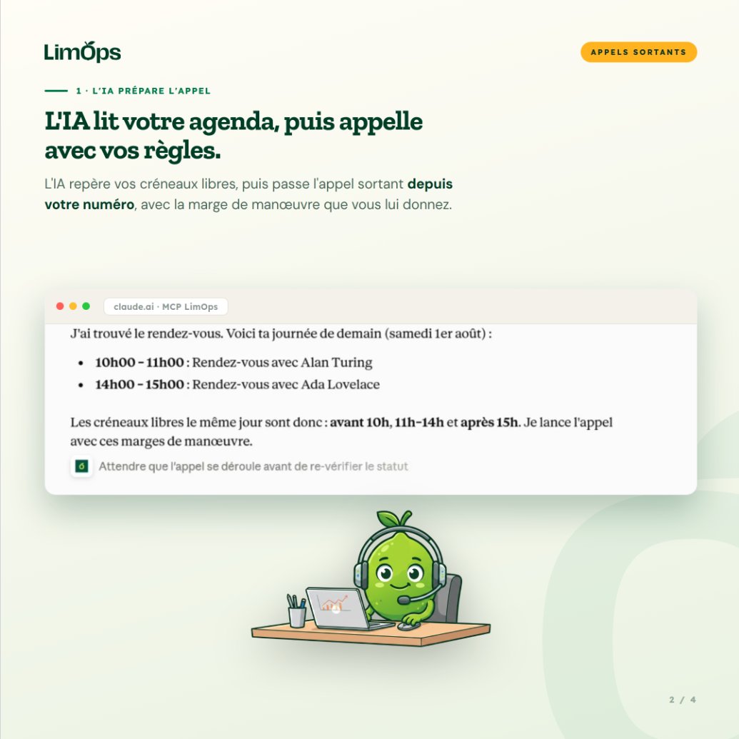 LimOpsFR's tweet photo. Avec le serveur MCP @LimOps, vous pouvez désormais donner à @MistralAI, @claudeai, @GeminiApp ou encore @ChatGPT le pouvoir de passer des appels téléphoniques 📞

Pour confirmer des rendez-vous, effectuer une enquête de satisfaction ou n'importe quoi d'autre ! https://t.co/uym5flObgl