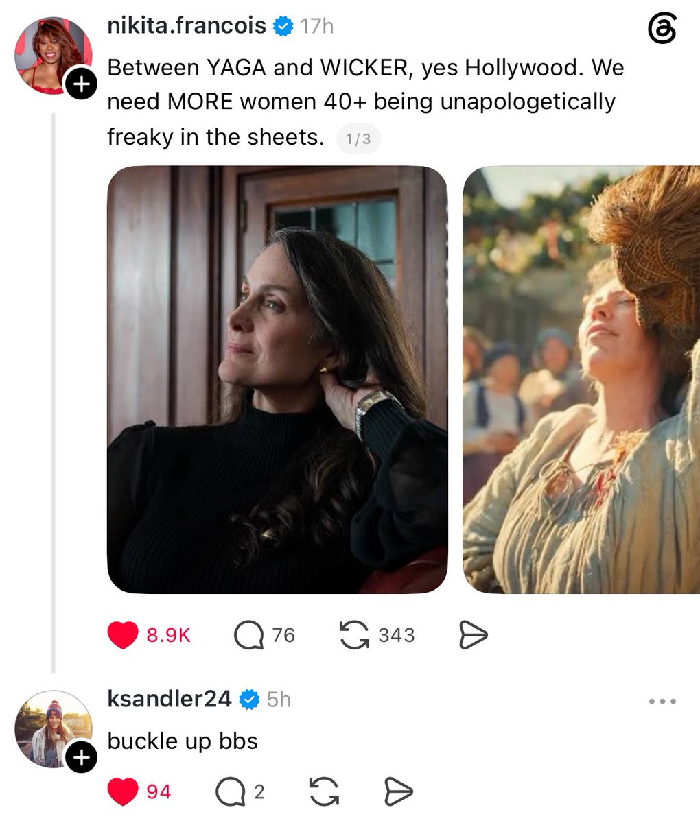 yagaupdates's tweet photo. YAGA showrunner Kat Sandler teases what’s to come after replying to a post comparing YAGA and WICKER, which said “we need more women 40+ being unapologetically freaky in the sheets.”

“buckle up bbs”

via ksandler24 on Threads https://t.co/6ee9e4uVAP