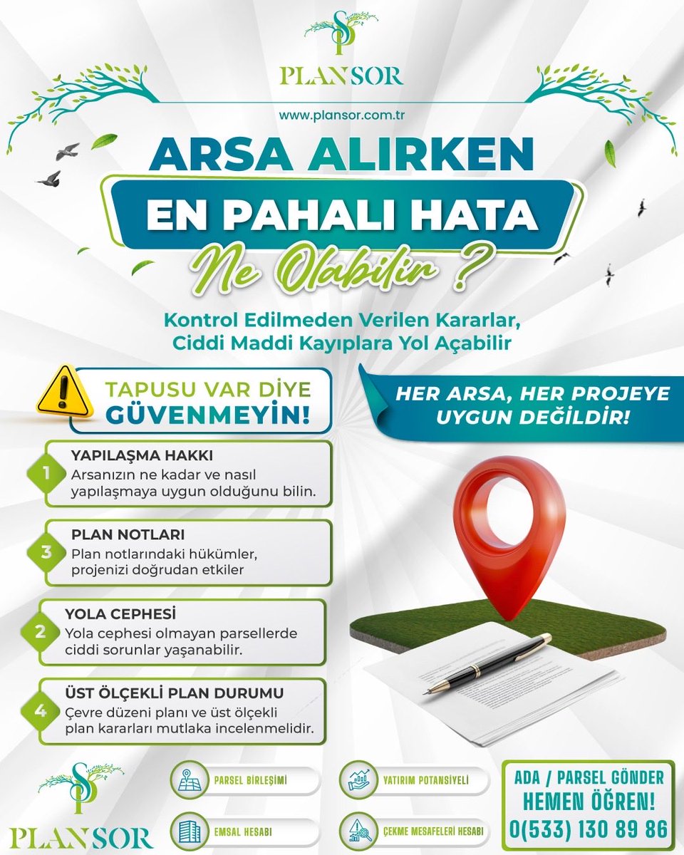 Plansor_com_tr's tweet photo. Bir arsanın tapulu olması, her projeye uygun olduğu anlamına gelmez.

Yatırım yapmadan önce;
✔️ Yapılaşma hakkını
✔️ Yola cephesini
✔️ Plan notlarını
✔️ Üst ölçekli plan kararlarını

kontrol etmek, sonradan yaşanabilecek maddi kayıpların önüne geçebilir. https://t.co/Urzp9DUuwB