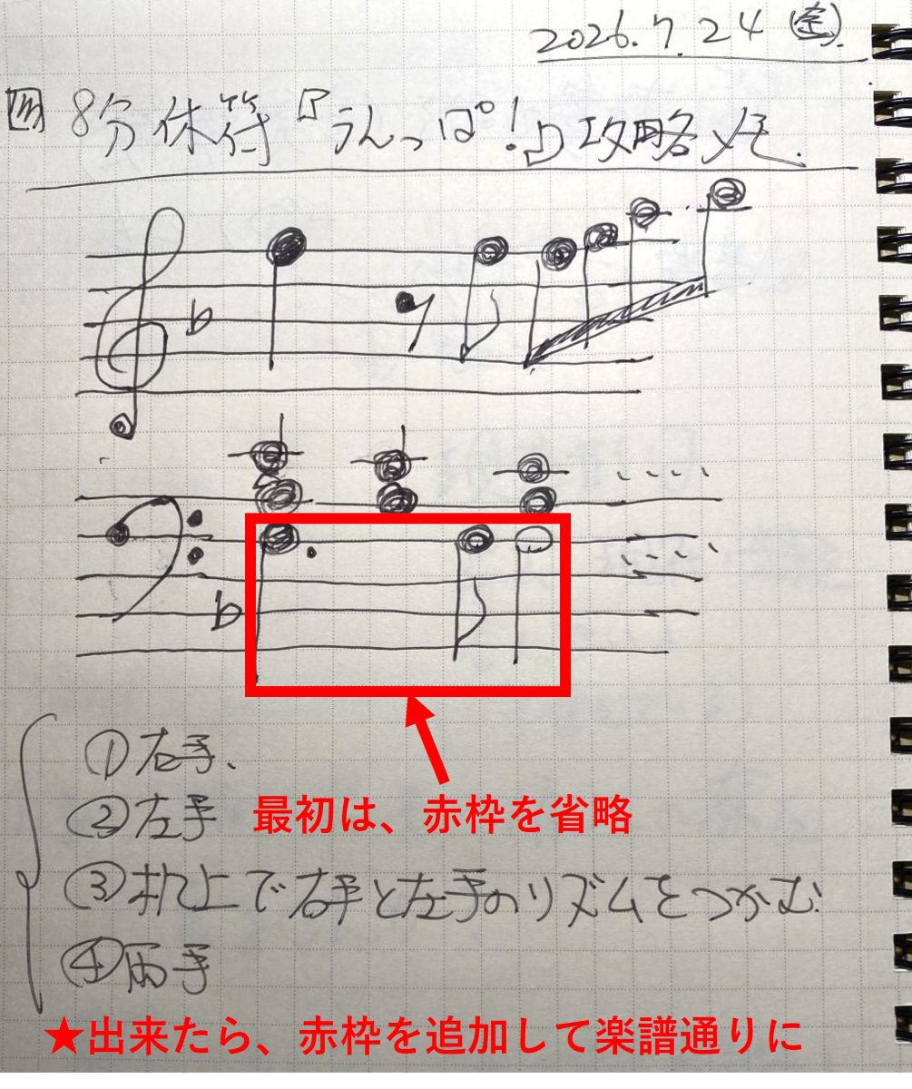Piano_Simple888's tweet photo. おはようございます！

８分休符を克服するために、
練習ステップを一つ追加してみました。
（赤枠部分を省略）

ん〜、今のところは良い感じです😊

朝練でもう一度確認して、
今日の🎹レッスンに臨みます。

焦らず、一歩ずつ。

皆様にとって
実りある一日になりますように！ https://t.co/8fouWK9py7