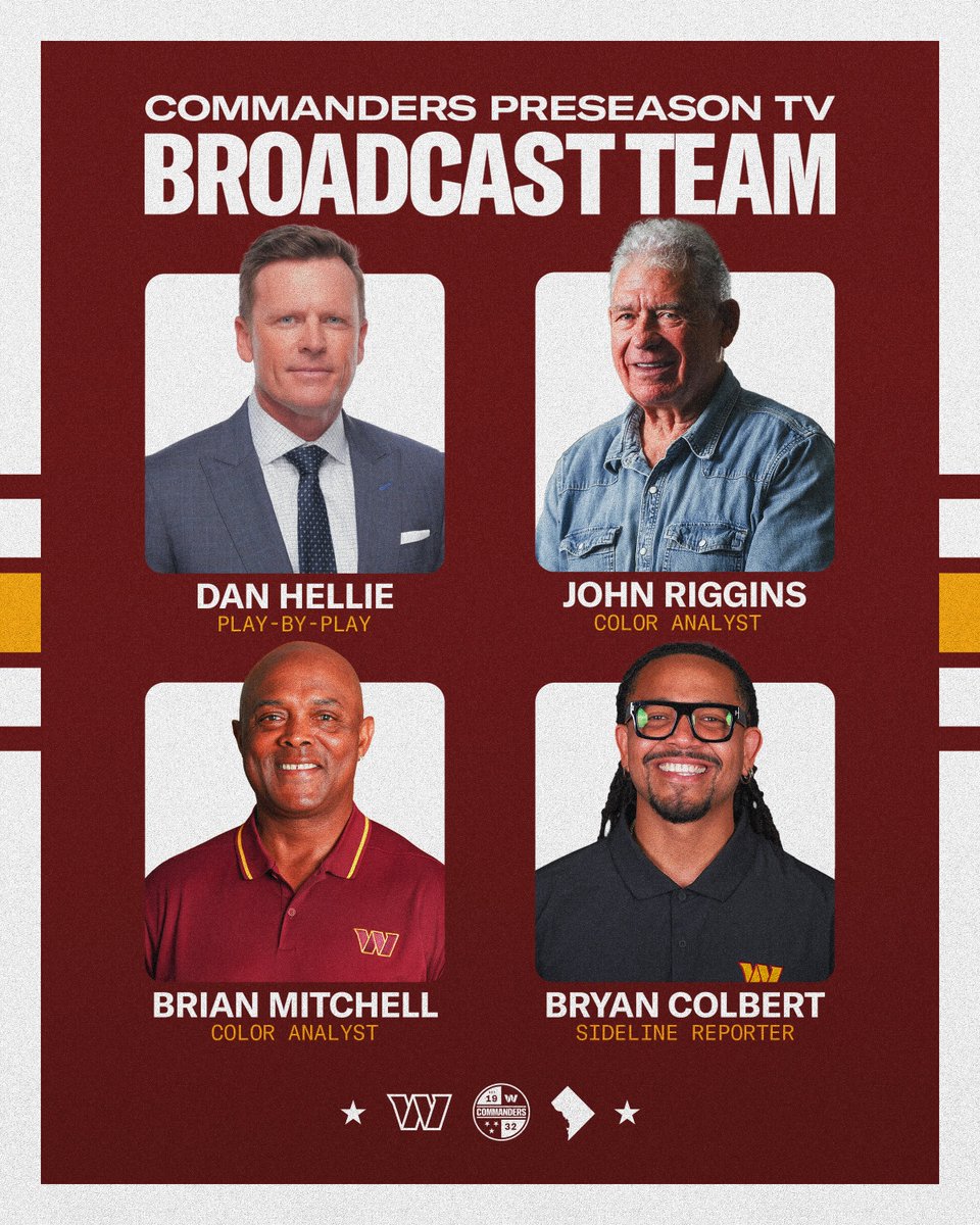 Commanders's tweet photo. 📺 Our 2026 preseason TV crew 📺
Play-by-play: @DanHellie 
Analyst: @riggo44 
Analyst: @BMITCHLIVE30 
Sideline: @BC__TV 

Watch all three games on @wusa9! https://t.co/yDdpxLf3Sh