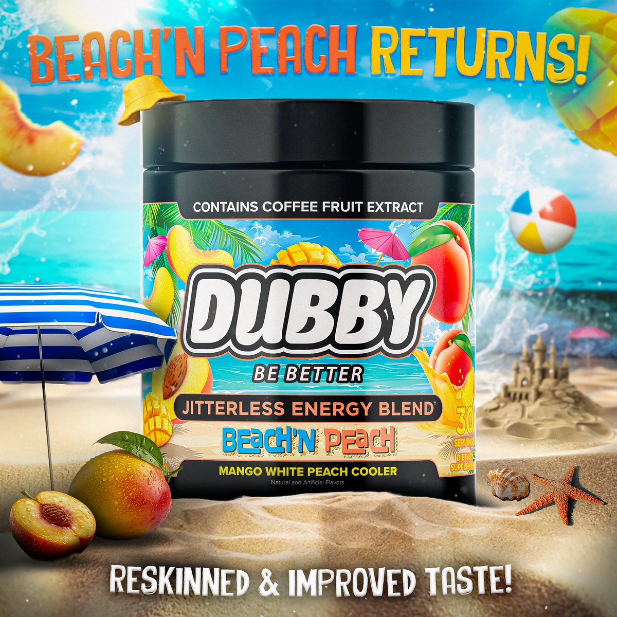 DubbyEnergy's tweet photo. It has returned.

We spent the last 6 months fine tuning this flavor. Revising over &amp; over.

Beach'n Peach is now back, with a new taste and a new reskin.

Live now https://t.co/nvQsz0YJxd