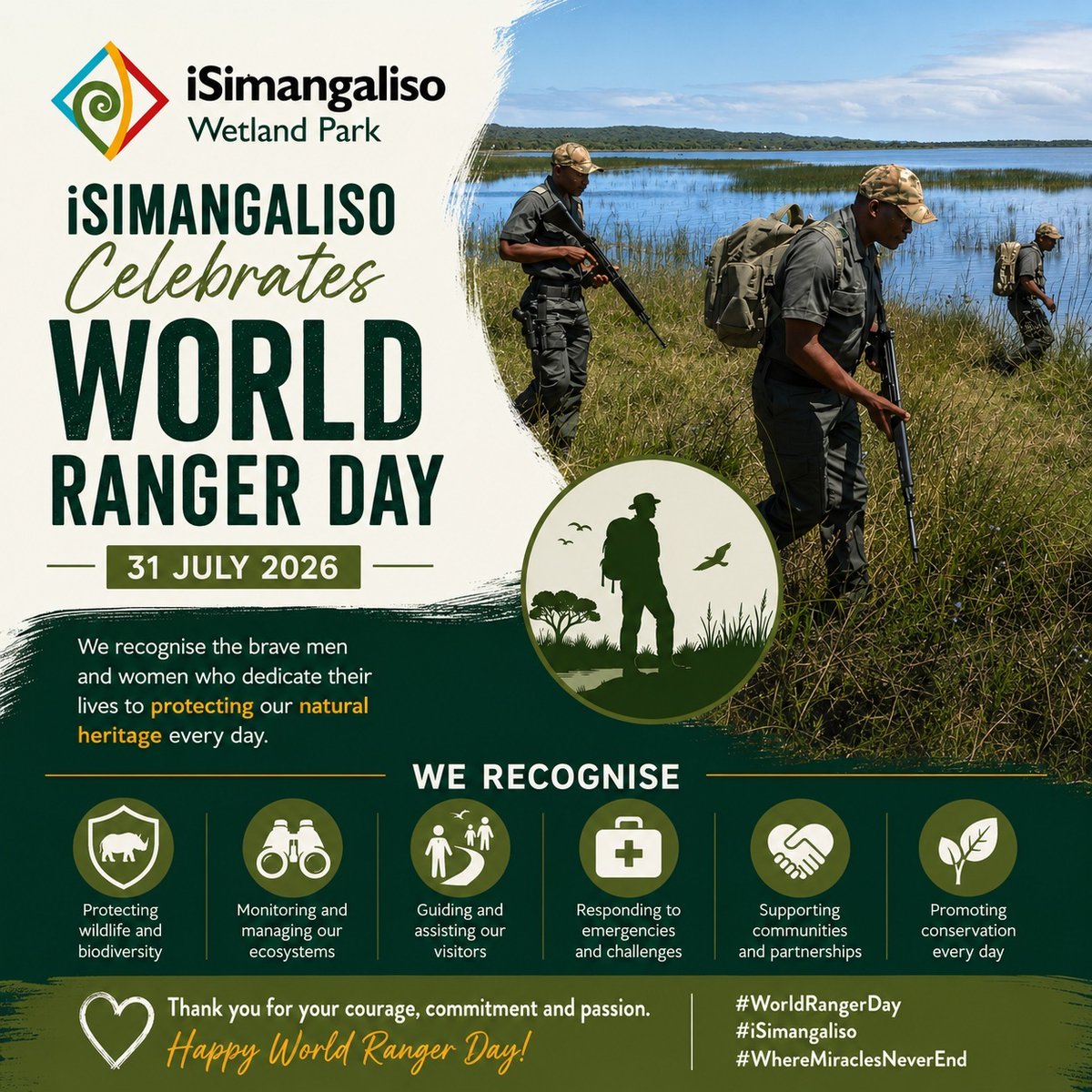 iSimangalisoZA's tweet photo. Happy #WorldRangerDay! π To the rangers of iSimangaliso Wetland Parkβthank you for your unwavering dedication to protecting our wildlife, ecosystems and natural heritage. Your commitment ensures that miracles never end. #iSimangaliso #Conservation #WhereMiraclesNeverEnd https://t.co/bIHACa1xVf