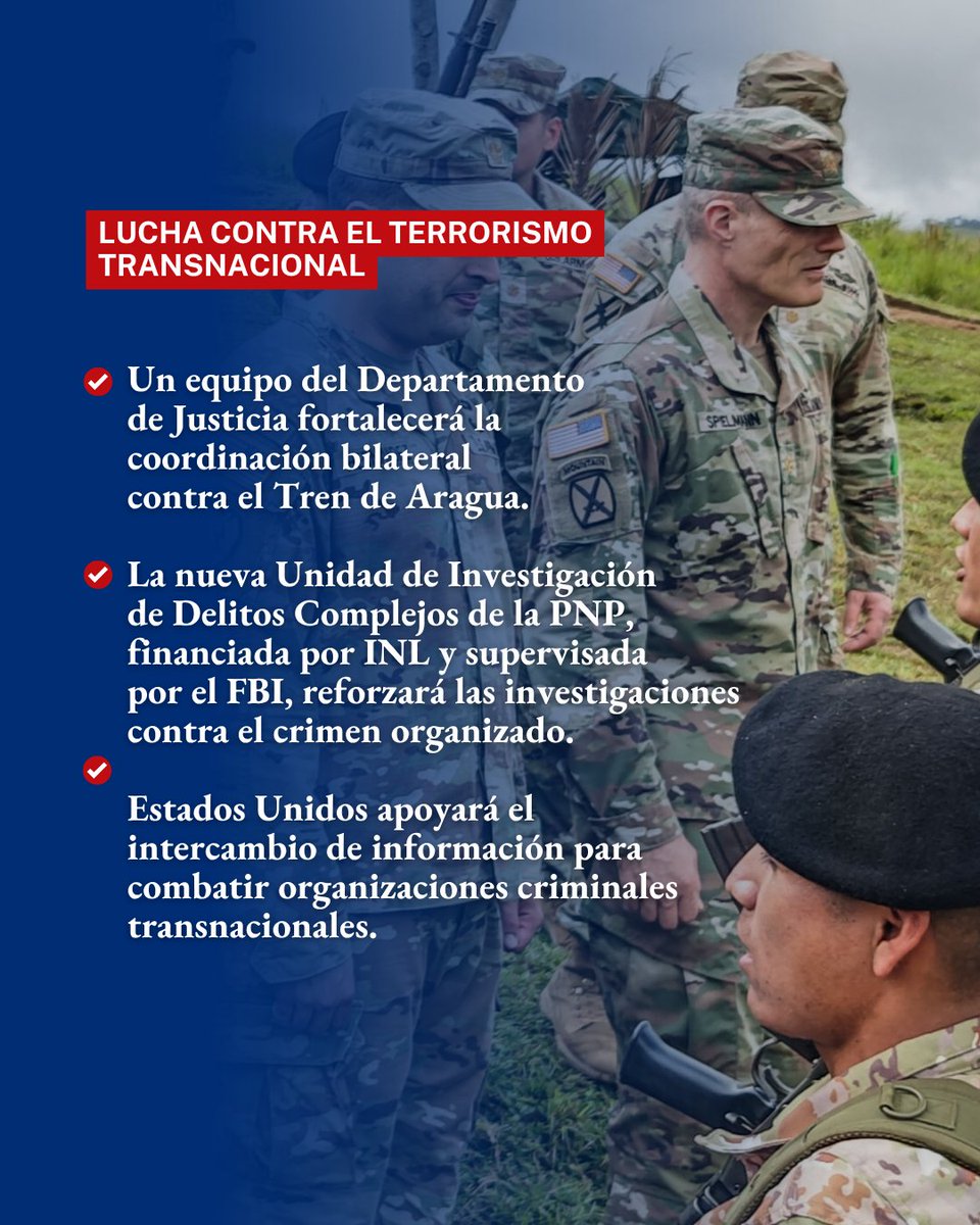 USEMBASSYPERU's tweet photo. Unidos frente al crimen transnacional🇺🇸🇵🇪.

Estados Unidos y el Perú siguen fortaleciendo su alianza para combatir el crimen organizado transnacional, ampliar el intercambio de información y reforzar las capacidades de las instituciones que protegen la seguridad de nuestra región.