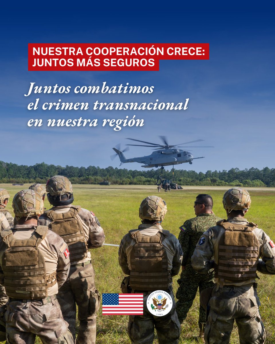 USEMBASSYPERU's tweet photo. Unidos frente al crimen transnacional🇺🇸🇵🇪.

Estados Unidos y el Perú siguen fortaleciendo su alianza para combatir el crimen organizado transnacional, ampliar el intercambio de información y reforzar las capacidades de las instituciones que protegen la seguridad de nuestra región.