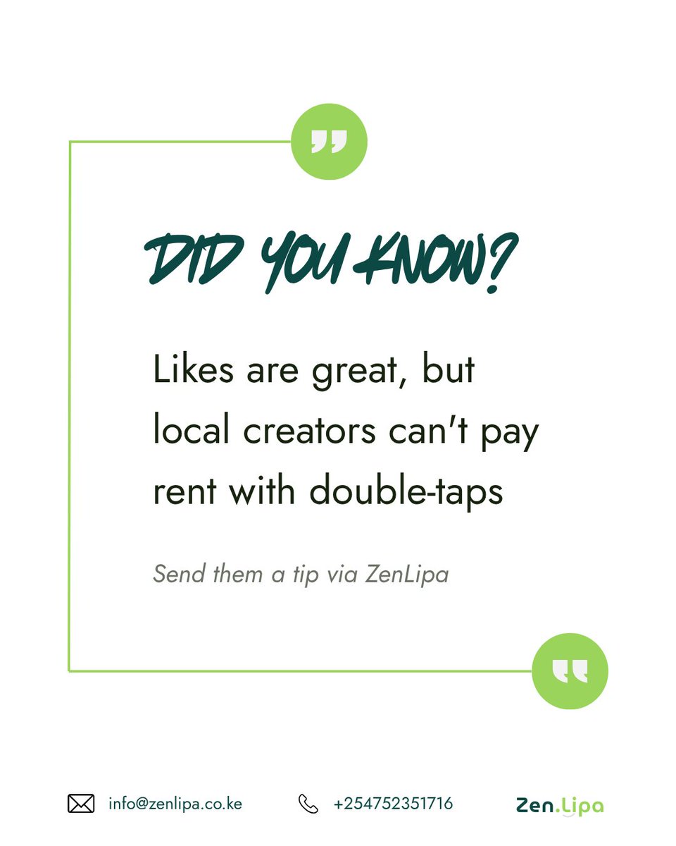 zenlipaltd's tweet photo. Likes are great. Tips keep creators creating ๐ธ
Support your favourite local creator with an instant tip via ZenLipa โ takes seconds.
Creators: get your link at https://t.co/S4Iqy8Gzni
#ZenLipa #SupportLocal #KenyaCreators #BeMoreZen https://t.co/gwGDPg1chx